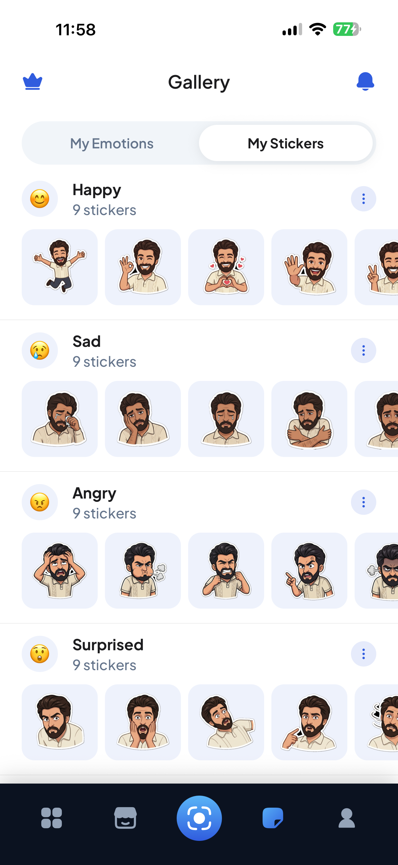 facEmote gallery — Happy, Sad, Angry and Surprised sticker packs generated from one person's face
